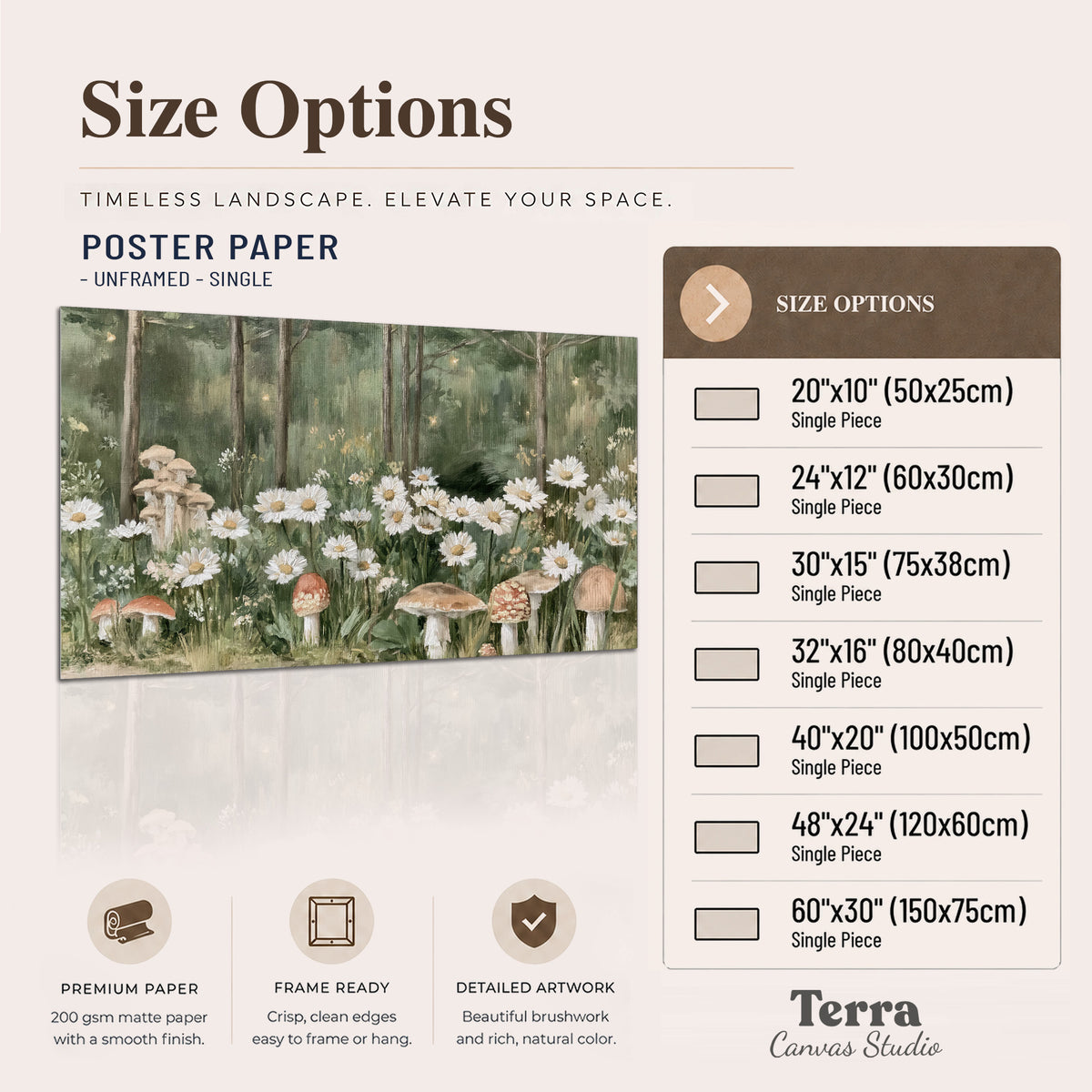 Pale pink mushrooms nestled among white daisies and tall green woodland grasses single poster print available dimensions