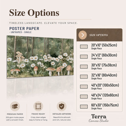Pale pink mushrooms nestled among white daisies and tall green woodland grasses single poster print available dimensions