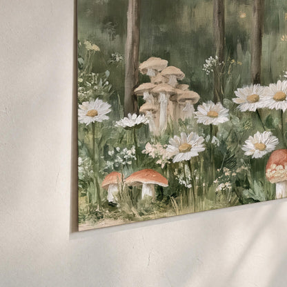 Pale pink mushrooms nestled among white daisies and tall green woodland grasses set of 3 poster prints material and edge close up