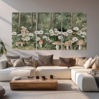 Pale pink mushrooms nestled among white daisies and tall green woodland grasses set of 3 poster prints displayed in a living room