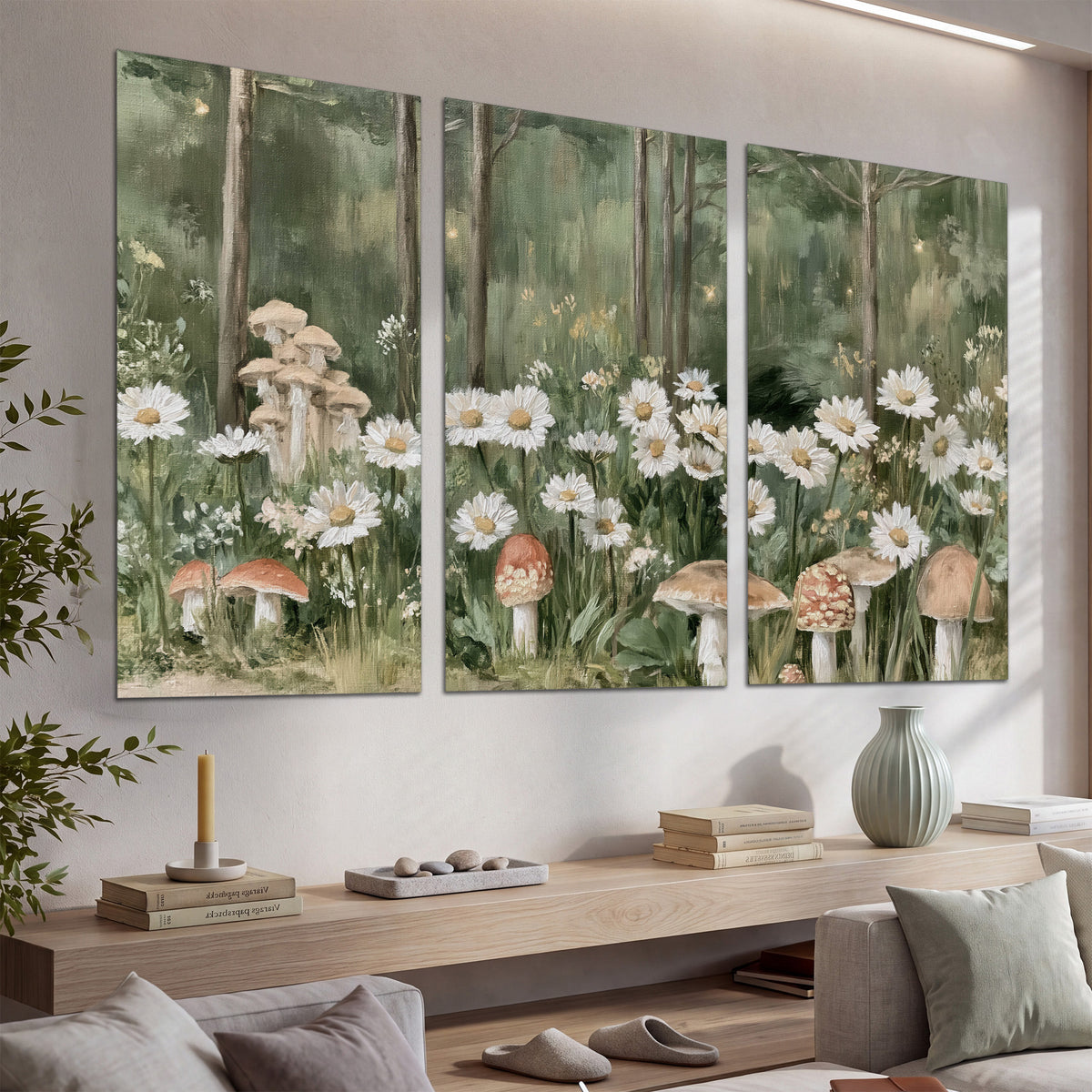 Pale pink mushrooms nestled among white daisies and tall green woodland grasses set of 3 poster prints displayed in a console