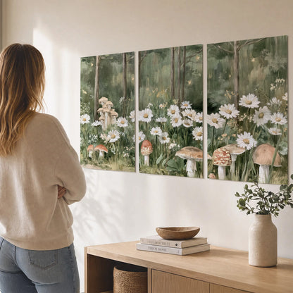 Pale pink mushrooms nestled among white daisies and tall green woodland grasses set of 3 poster prints three panel arrangement on a wall