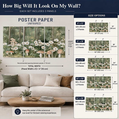 Pale pink mushrooms nestled among white daisies and tall green woodland grasses set of 3 poster prints size guide above a sofa; room view is illustrative