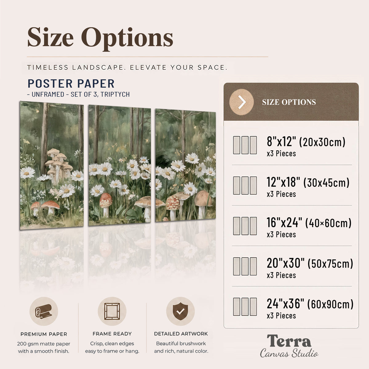 Pale pink mushrooms nestled among white daisies and tall green woodland grasses set of 3 poster prints available dimensions; triptych dimensions are per panel