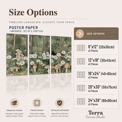 Pale pink mushrooms nestled among white daisies and tall green woodland grasses set of 3 poster prints available dimensions; triptych dimensions are per panel