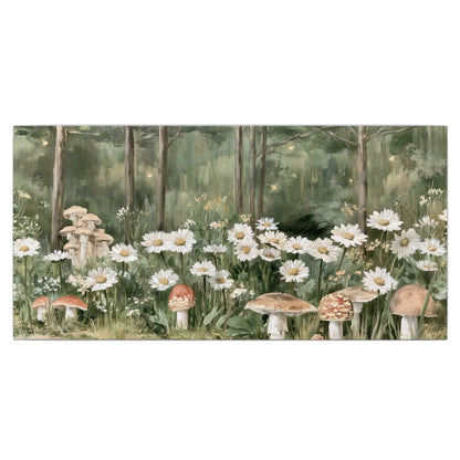 Pale pink mushrooms nestled among white daisies and tall green woodland grasses single canvas wall art viewed straight on