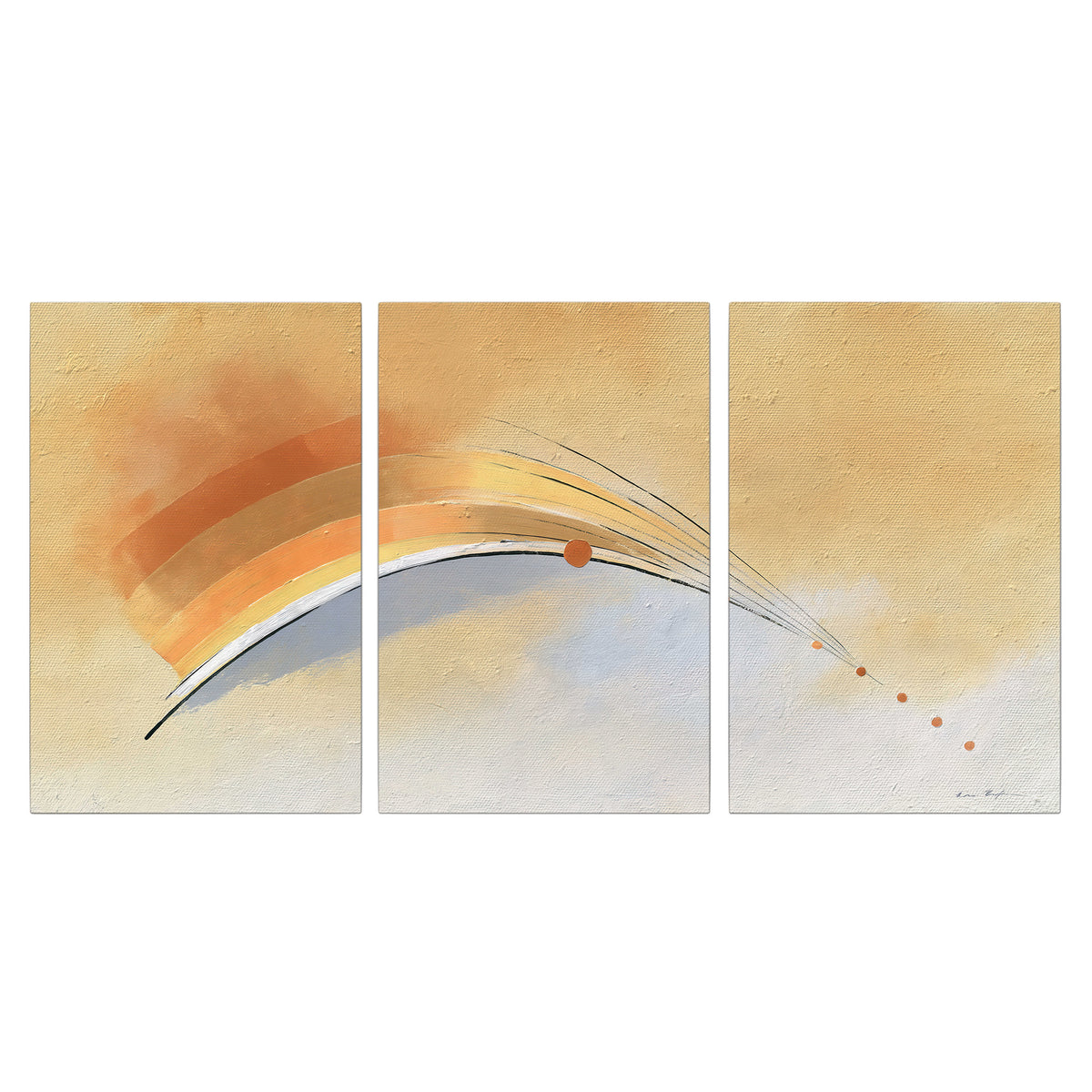 A sweeping ochre and orange arc with fine blue accents on a warm cream background 3 piece canvas wall art viewed straight on