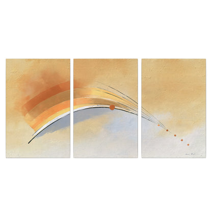 A sweeping ochre and orange arc with fine blue accents on a warm cream background 3 piece canvas wall art viewed straight on