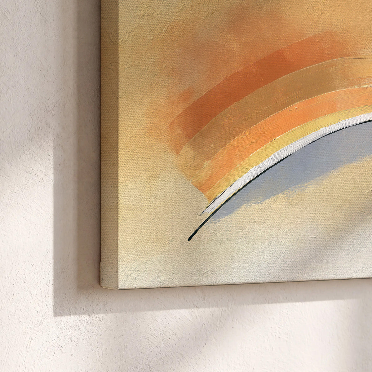 A sweeping ochre and orange arc with fine blue accents on a warm cream background 3 piece canvas wall art material and edge close up
