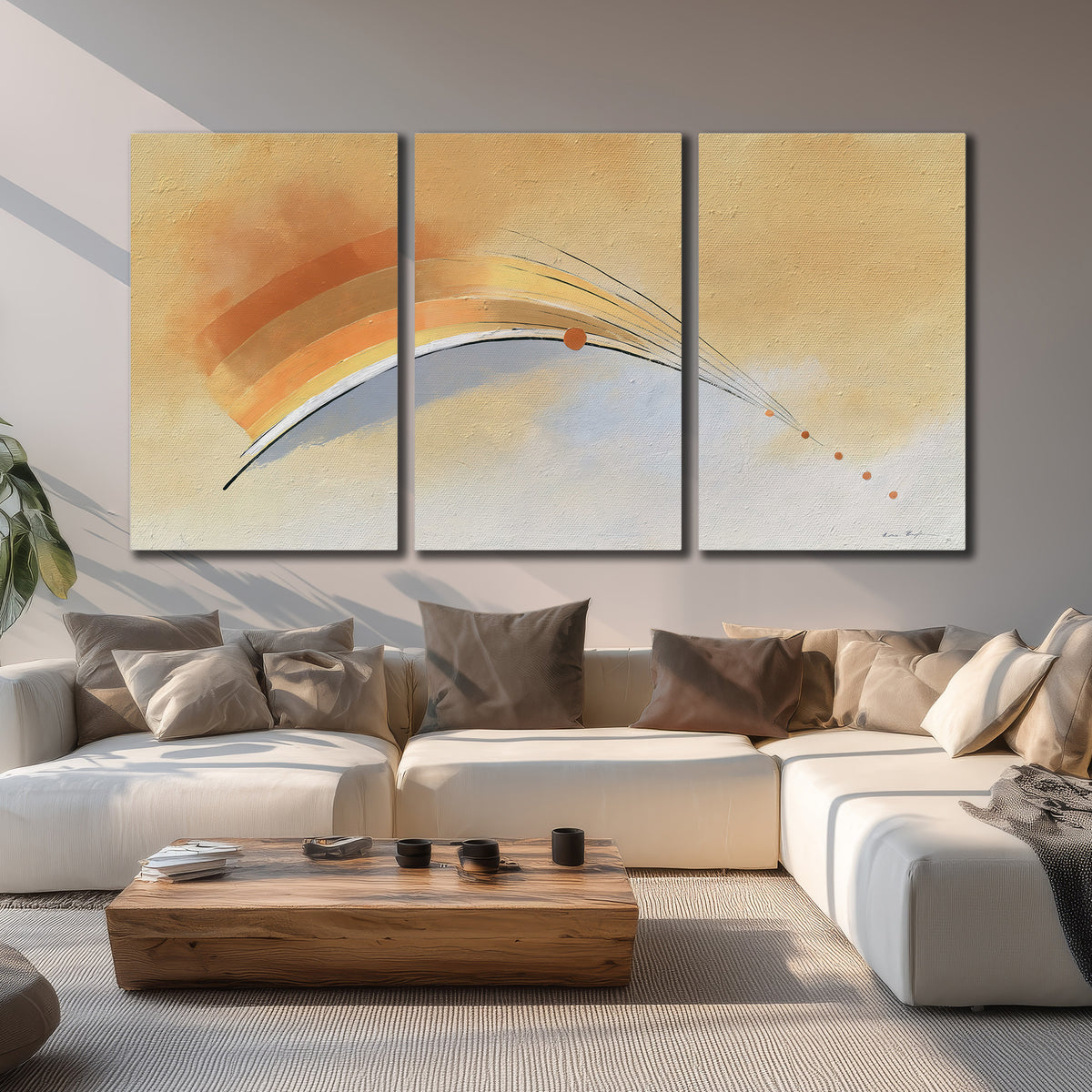 A sweeping ochre and orange arc with fine blue accents on a warm cream background 3 piece canvas wall art displayed in a living room