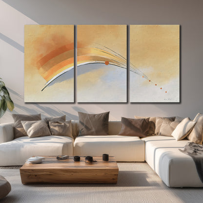 A sweeping ochre and orange arc with fine blue accents on a warm cream background 3 piece canvas wall art displayed in a living room