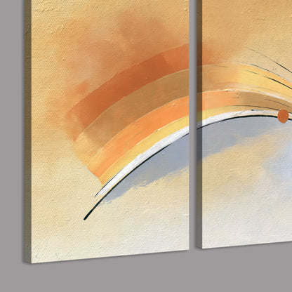 A sweeping ochre and orange arc with fine blue accents on a warm cream background 3 piece canvas wall art room and product view