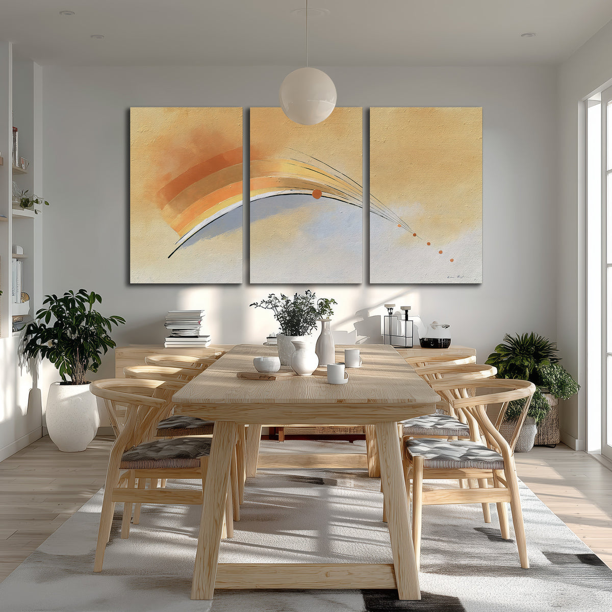 A sweeping ochre and orange arc with fine blue accents on a warm cream background 3 piece canvas wall art room and product view