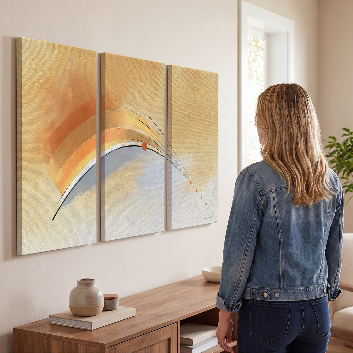 A sweeping ochre and orange arc with fine blue accents on a warm cream background 3 piece canvas wall art three panel arrangement on a wall