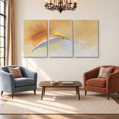 A sweeping ochre and orange arc with fine blue accents on a warm cream background 3 piece canvas wall art styled in an interior