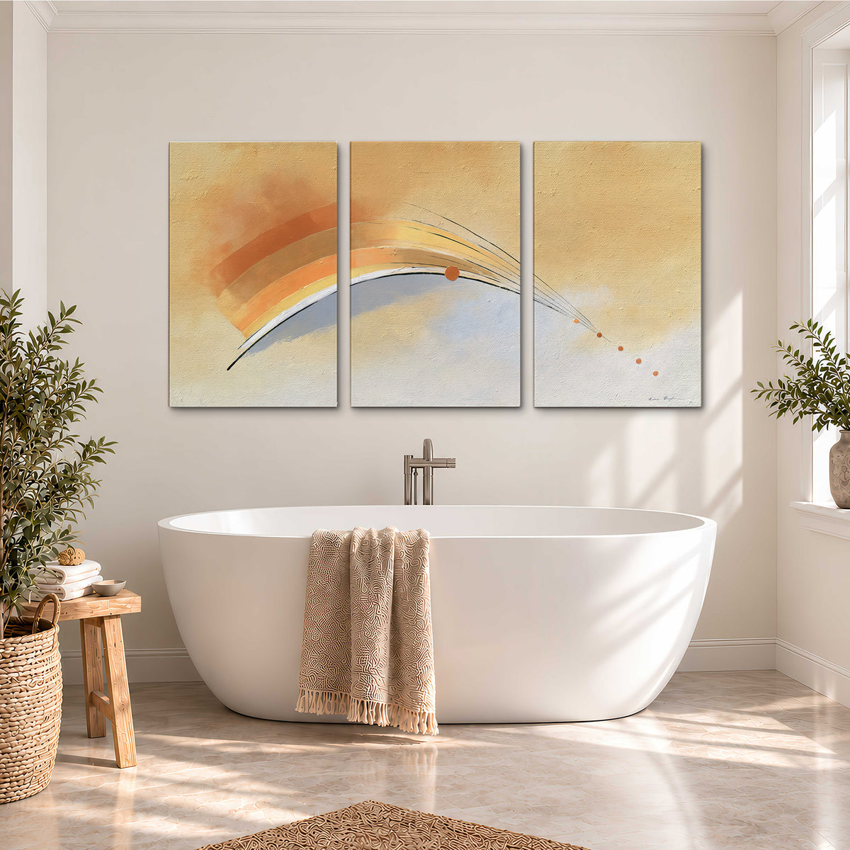 A sweeping ochre and orange arc with fine blue accents on a warm cream background 3 piece canvas wall art styled in an interior