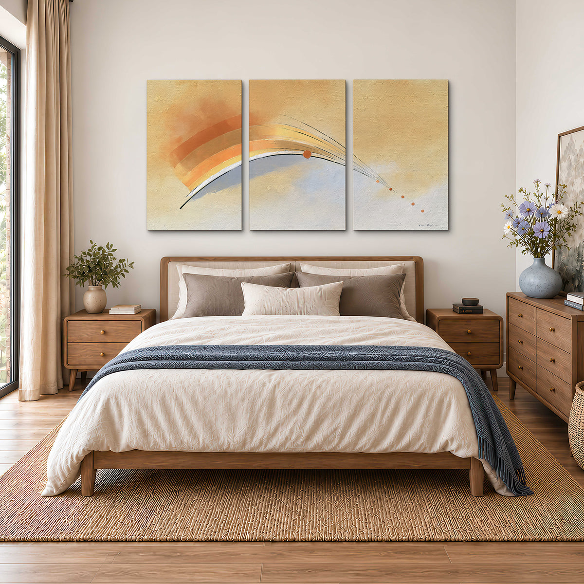 A sweeping ochre and orange arc with fine blue accents on a warm cream background 3 piece canvas wall art styled in an interior