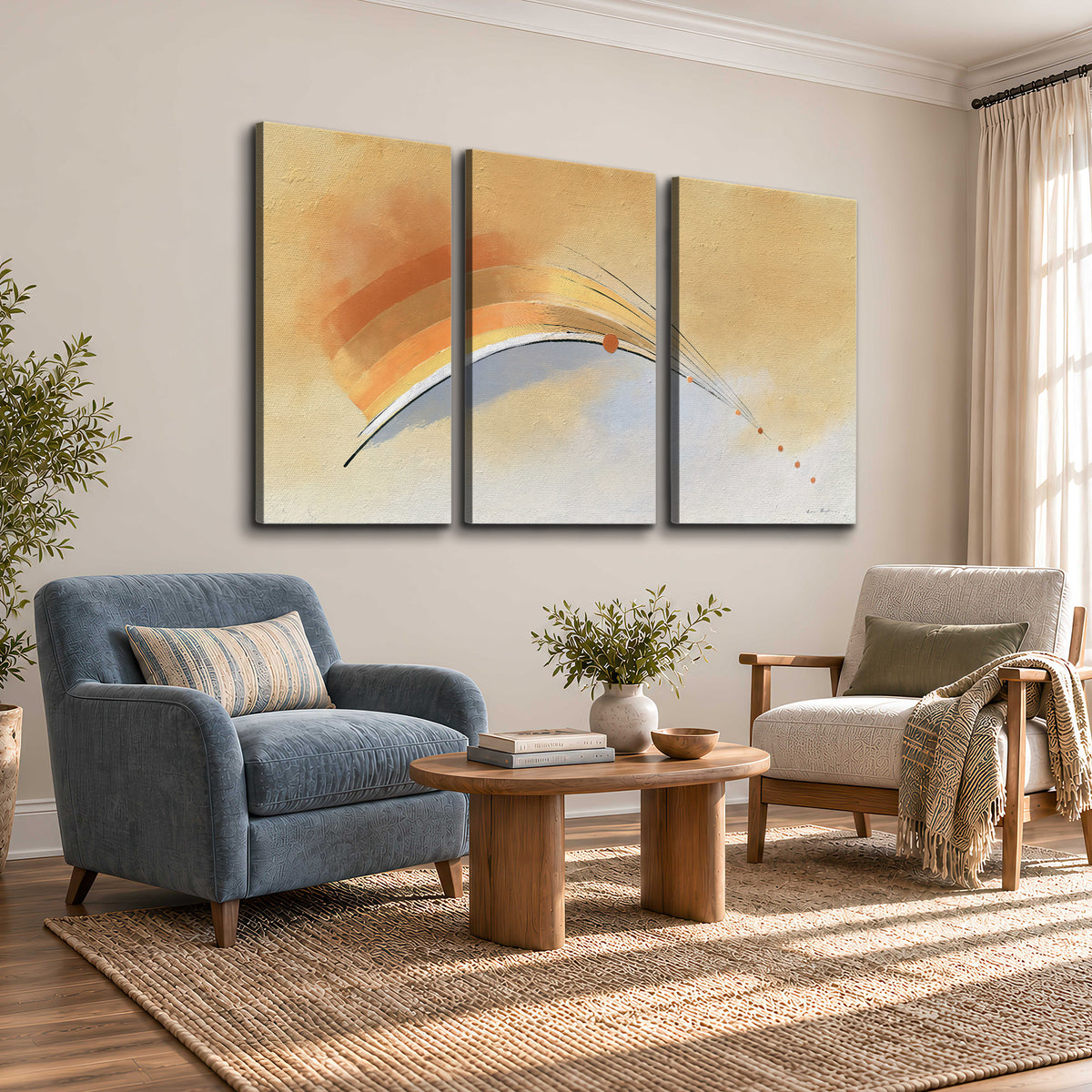 A sweeping ochre and orange arc with fine blue accents on a warm cream background 3 piece canvas wall art styled in an interior