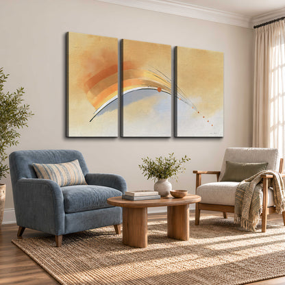 A sweeping ochre and orange arc with fine blue accents on a warm cream background 3 piece canvas wall art styled in an interior
