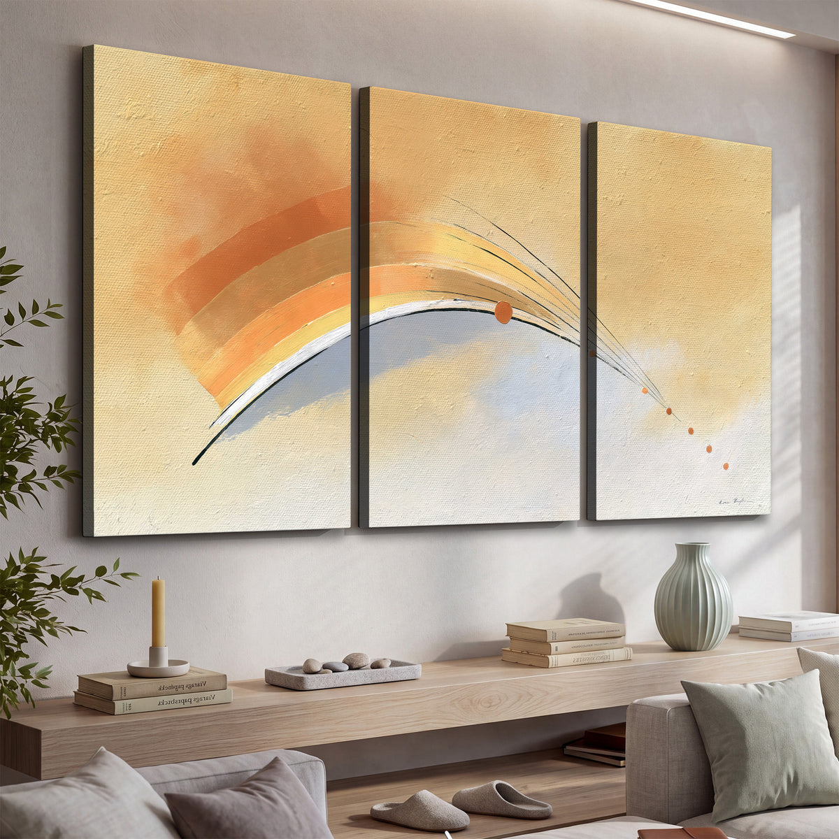 A sweeping ochre and orange arc with fine blue accents on a warm cream background 3 piece canvas wall art displayed in a console