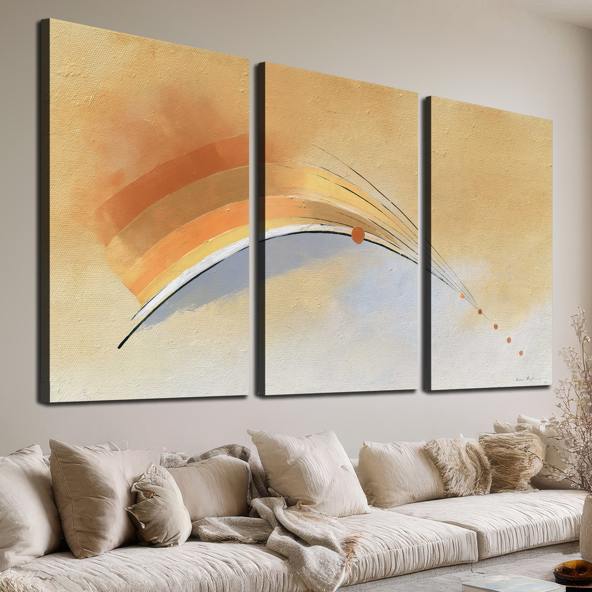 A sweeping ochre and orange arc with fine blue accents on a warm cream background 3 piece canvas wall art room and product view