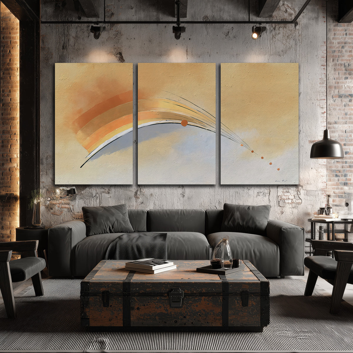 A sweeping ochre and orange arc with fine blue accents on a warm cream background 3 piece canvas wall art displayed in a industrial room