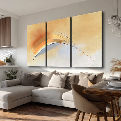 A sweeping ochre and orange arc with fine blue accents on a warm cream background 3 piece canvas wall art room and product view