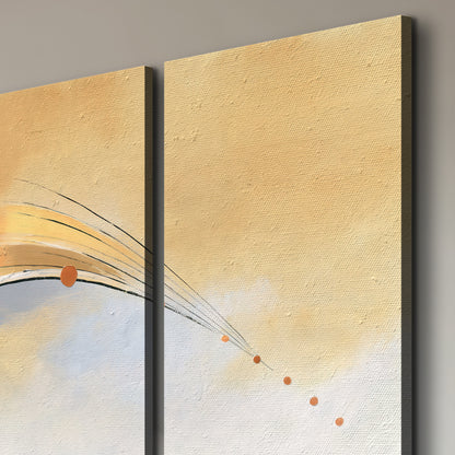 A sweeping ochre and orange arc with fine blue accents on a warm cream background 3 piece canvas wall art room and product view