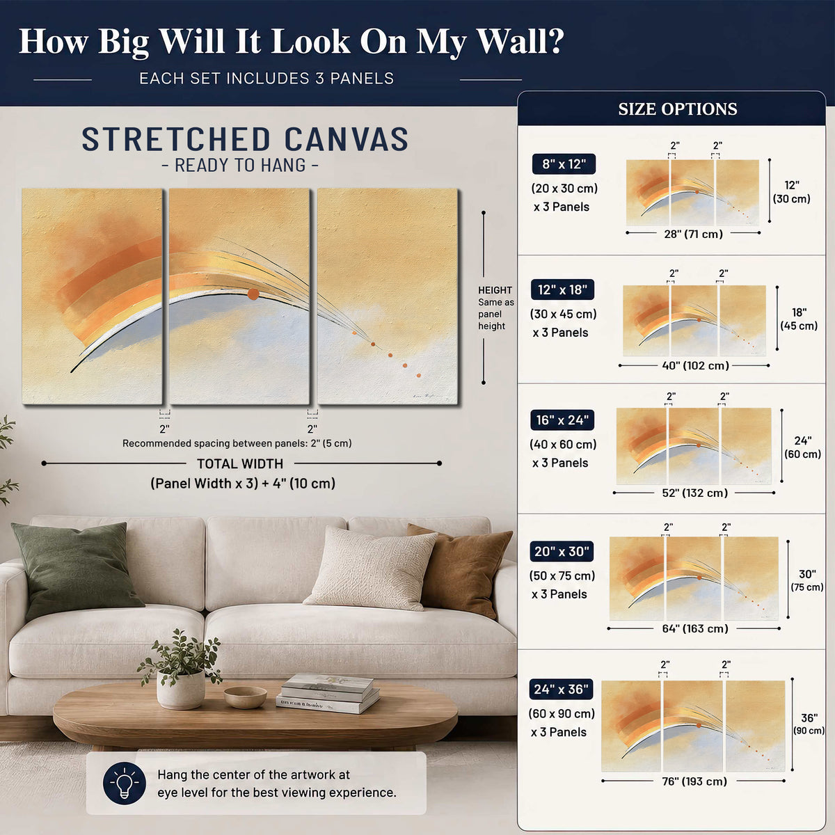 A sweeping ochre and orange arc with fine blue accents on a warm cream background 3 piece canvas wall art size guide above a sofa; room view is illustrative