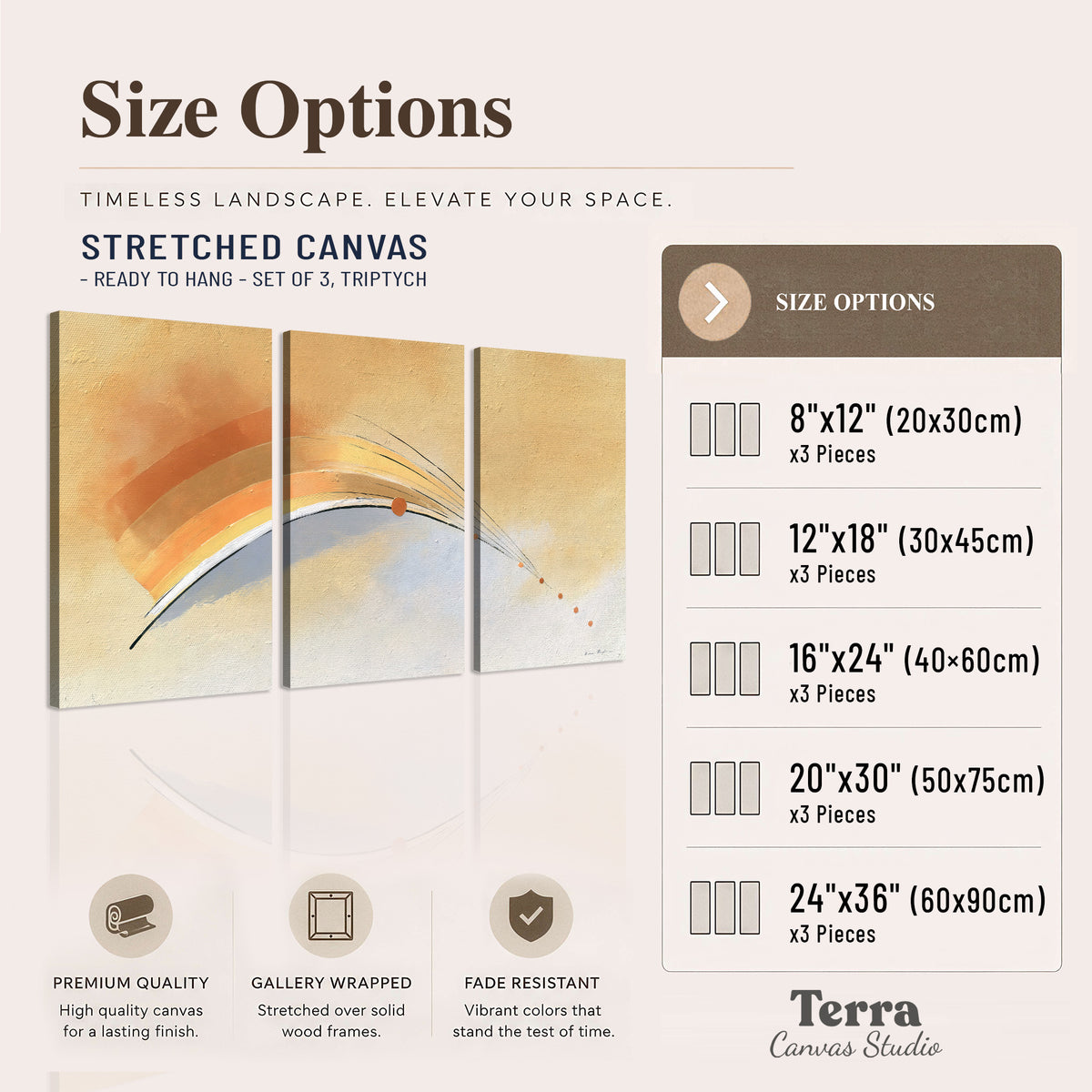 A sweeping ochre and orange arc with fine blue accents on a warm cream background 3 piece canvas wall art available dimensions; triptych dimensions are per panel