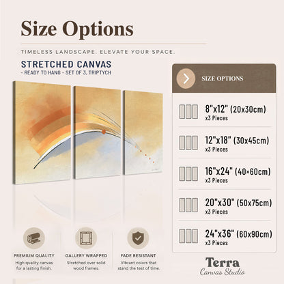 A sweeping ochre and orange arc with fine blue accents on a warm cream background 3 piece canvas wall art available dimensions; triptych dimensions are per panel