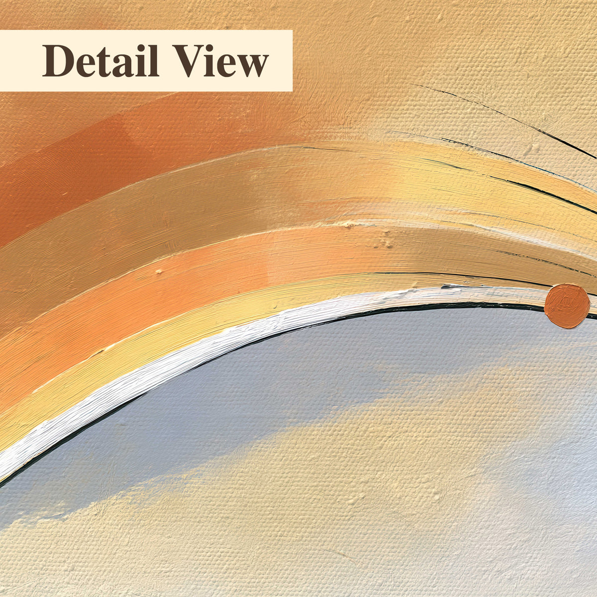 A sweeping ochre and orange arc with fine blue accents on a warm cream background 3 piece canvas wall art artwork detail close up