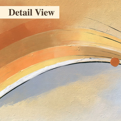 A sweeping ochre and orange arc with fine blue accents on a warm cream background 3 piece canvas wall art artwork detail close up