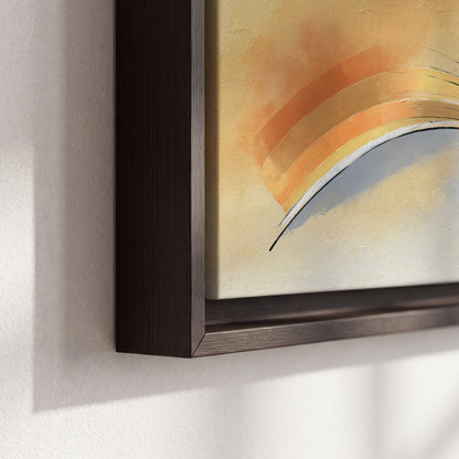 A sweeping ochre and orange arc with fine blue accents on a warm cream background 3 piece framed canvas wall art material and edge close up