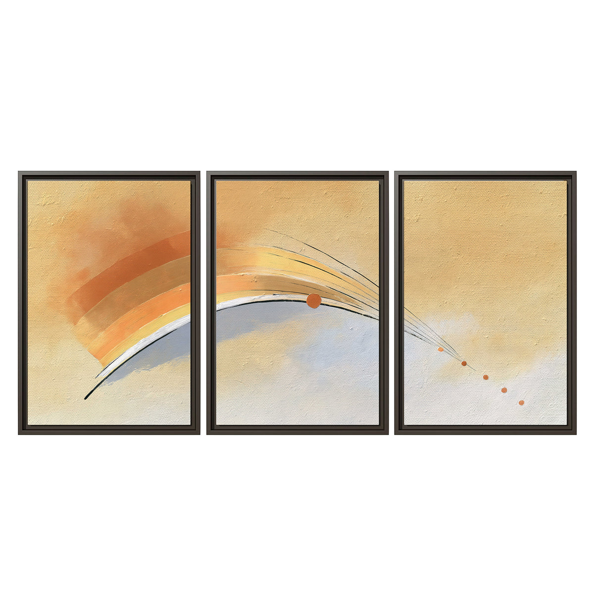 A sweeping ochre and orange arc with fine blue accents on a warm cream background 3 piece framed canvas wall art viewed straight on