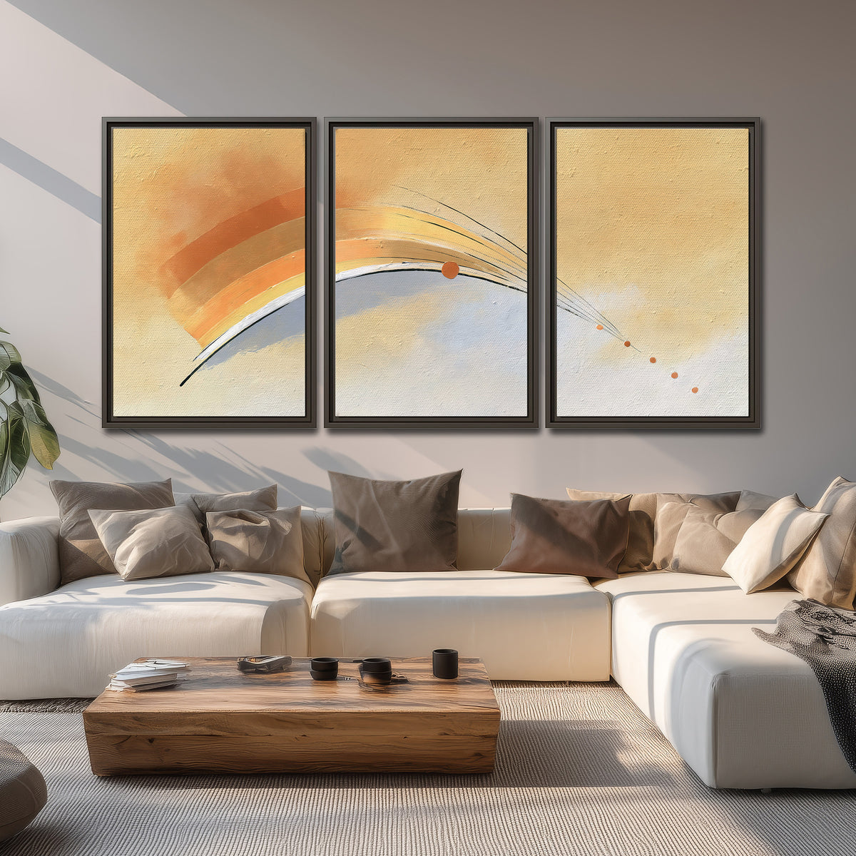 A sweeping ochre and orange arc with fine blue accents on a warm cream background 3 piece framed canvas wall art displayed in a living room