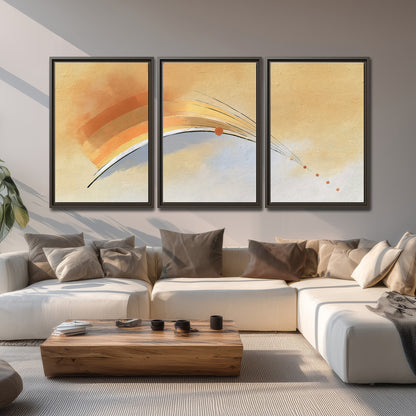 A sweeping ochre and orange arc with fine blue accents on a warm cream background 3 piece framed canvas wall art displayed in a living room