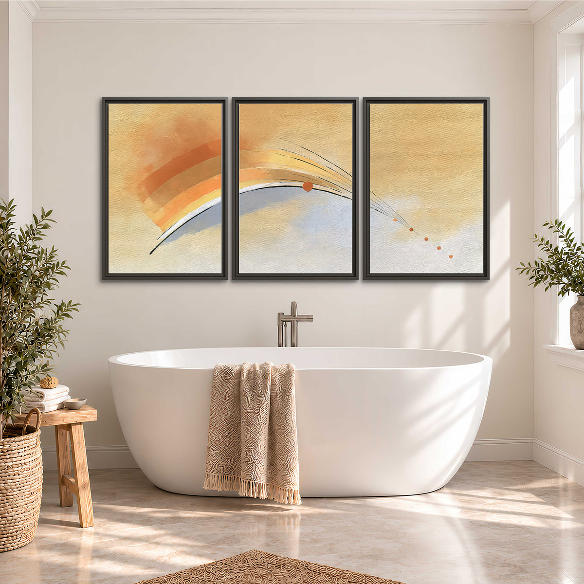 A sweeping ochre and orange arc with fine blue accents on a warm cream background 3 piece framed canvas wall art styled in an interior
