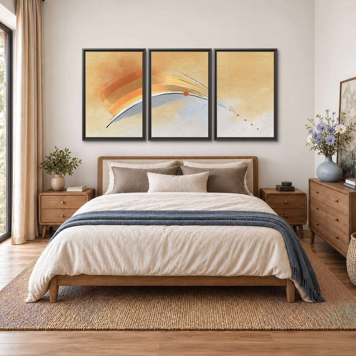A sweeping ochre and orange arc with fine blue accents on a warm cream background 3 piece framed canvas wall art styled in an interior