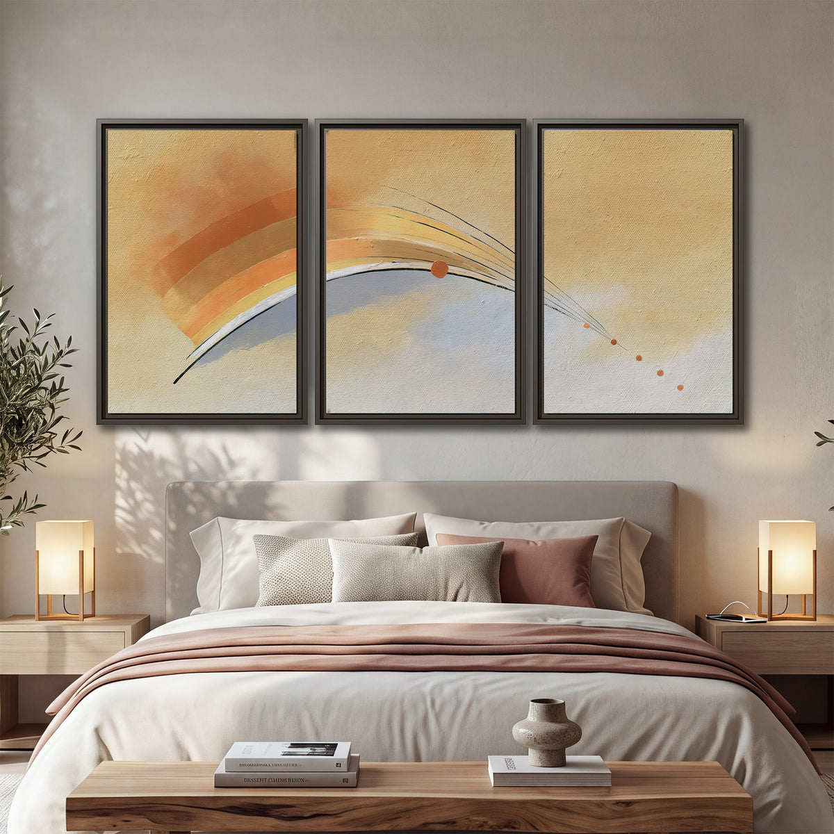 A sweeping ochre and orange arc with fine blue accents on a warm cream background 3 piece framed canvas wall art displayed in a bedroom