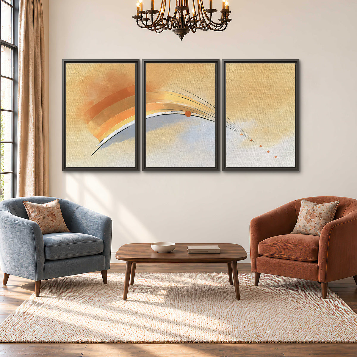 A sweeping ochre and orange arc with fine blue accents on a warm cream background 3 piece framed canvas wall art styled in an interior