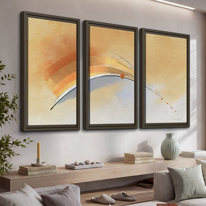 A sweeping ochre and orange arc with fine blue accents on a warm cream background 3 piece framed canvas wall art displayed in a console