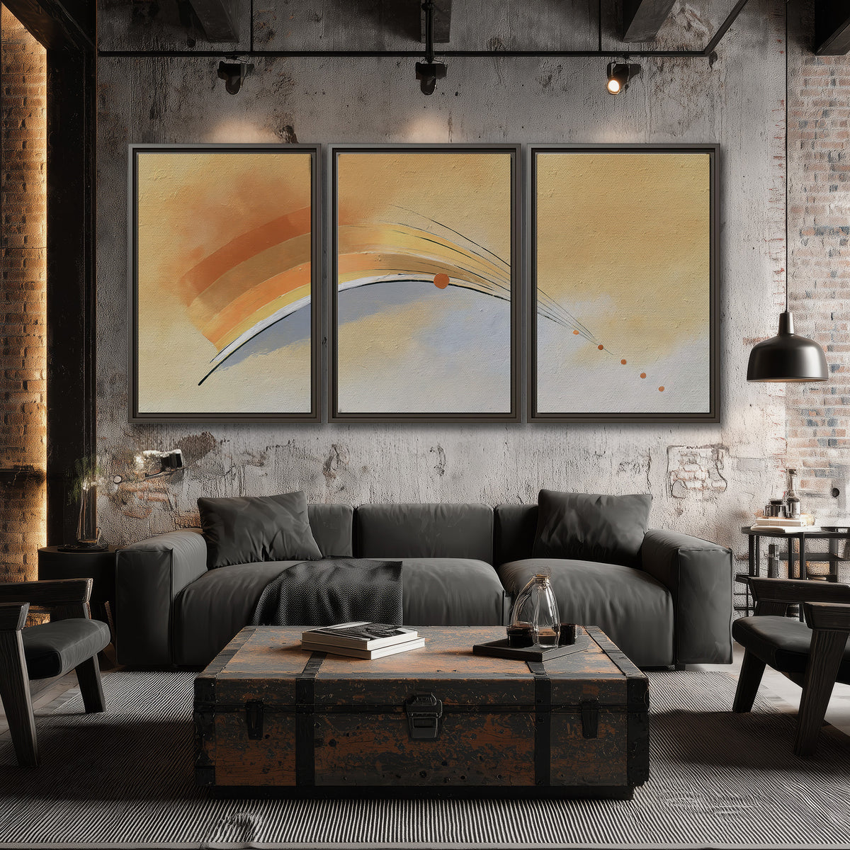 A sweeping ochre and orange arc with fine blue accents on a warm cream background 3 piece framed canvas wall art displayed in a industrial room