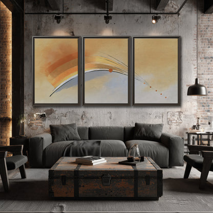 A sweeping ochre and orange arc with fine blue accents on a warm cream background 3 piece framed canvas wall art displayed in a industrial room