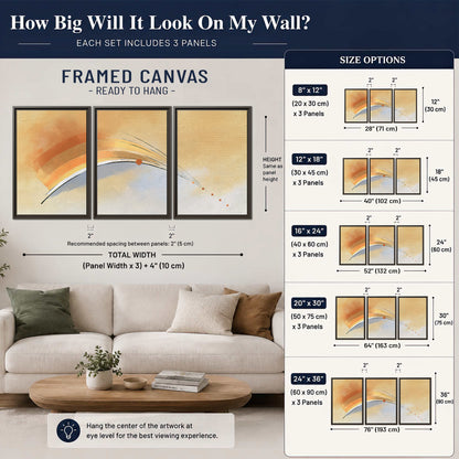 A sweeping ochre and orange arc with fine blue accents on a warm cream background 3 piece framed canvas wall art size guide above a sofa; room view is illustrative