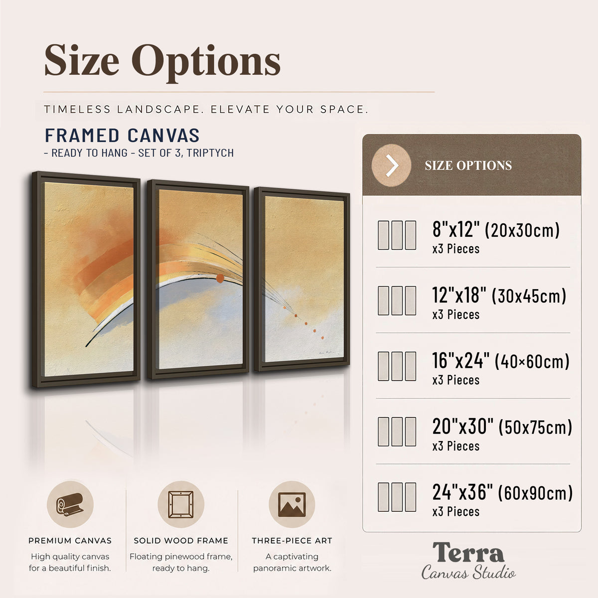A sweeping ochre and orange arc with fine blue accents on a warm cream background 3 piece framed canvas wall art available dimensions; triptych dimensions are per panel