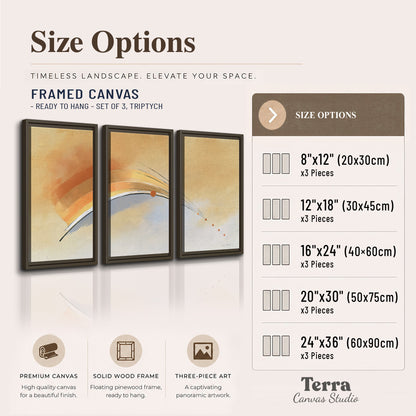 A sweeping ochre and orange arc with fine blue accents on a warm cream background 3 piece framed canvas wall art available dimensions; triptych dimensions are per panel