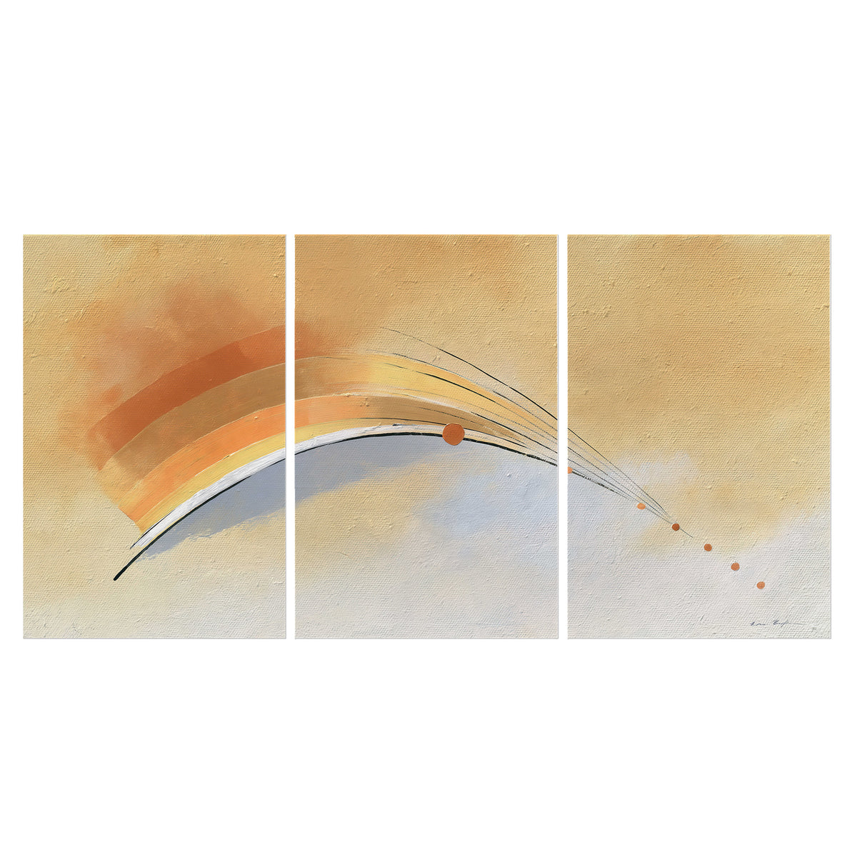 A sweeping ochre and orange arc with fine blue accents on a warm cream background set of 3 poster prints viewed straight on