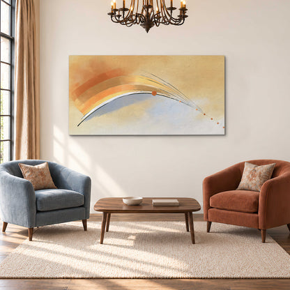 A sweeping ochre and orange arc with fine blue accents on a warm cream background single canvas wall art styled in an interior