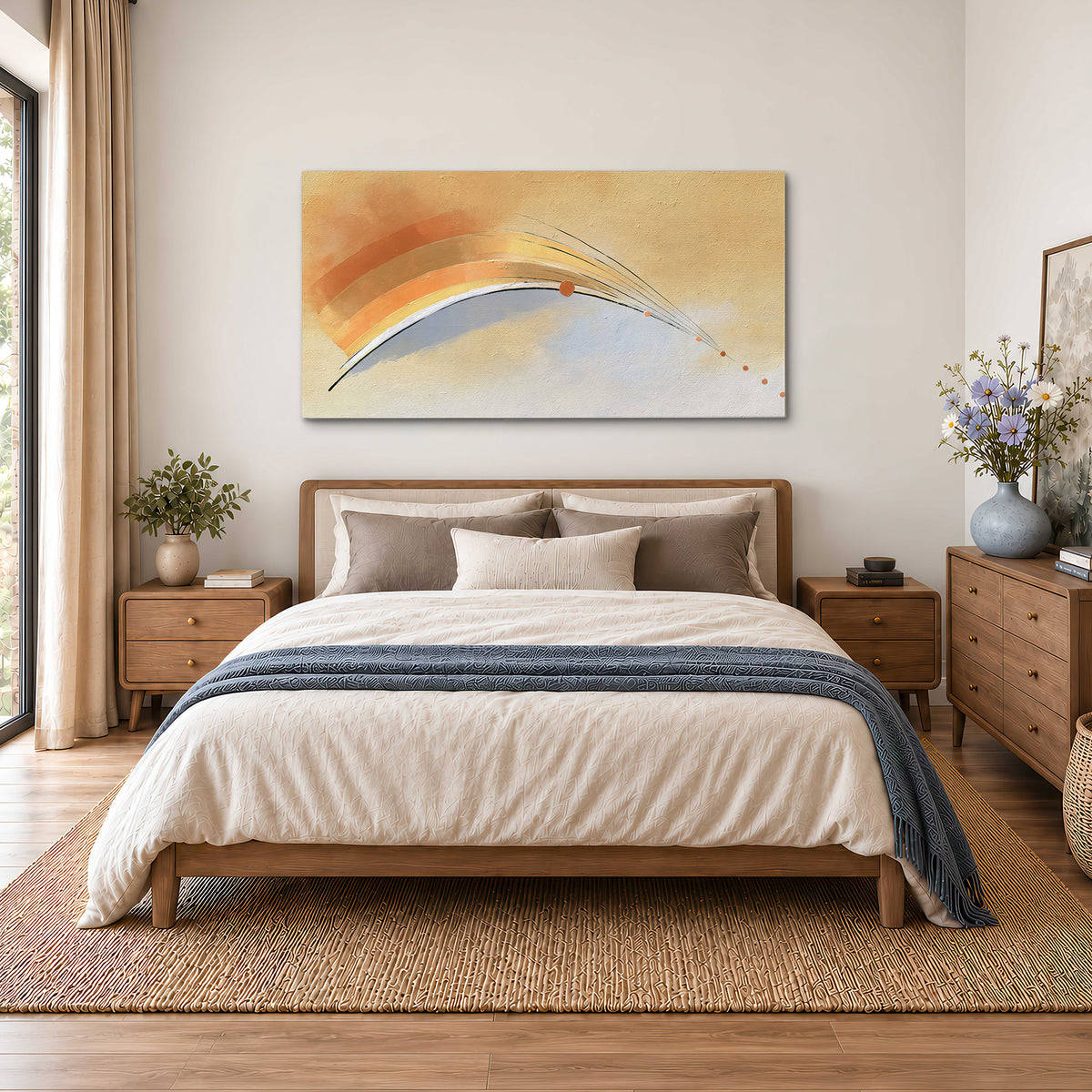 A sweeping ochre and orange arc with fine blue accents on a warm cream background single canvas wall art styled in an interior